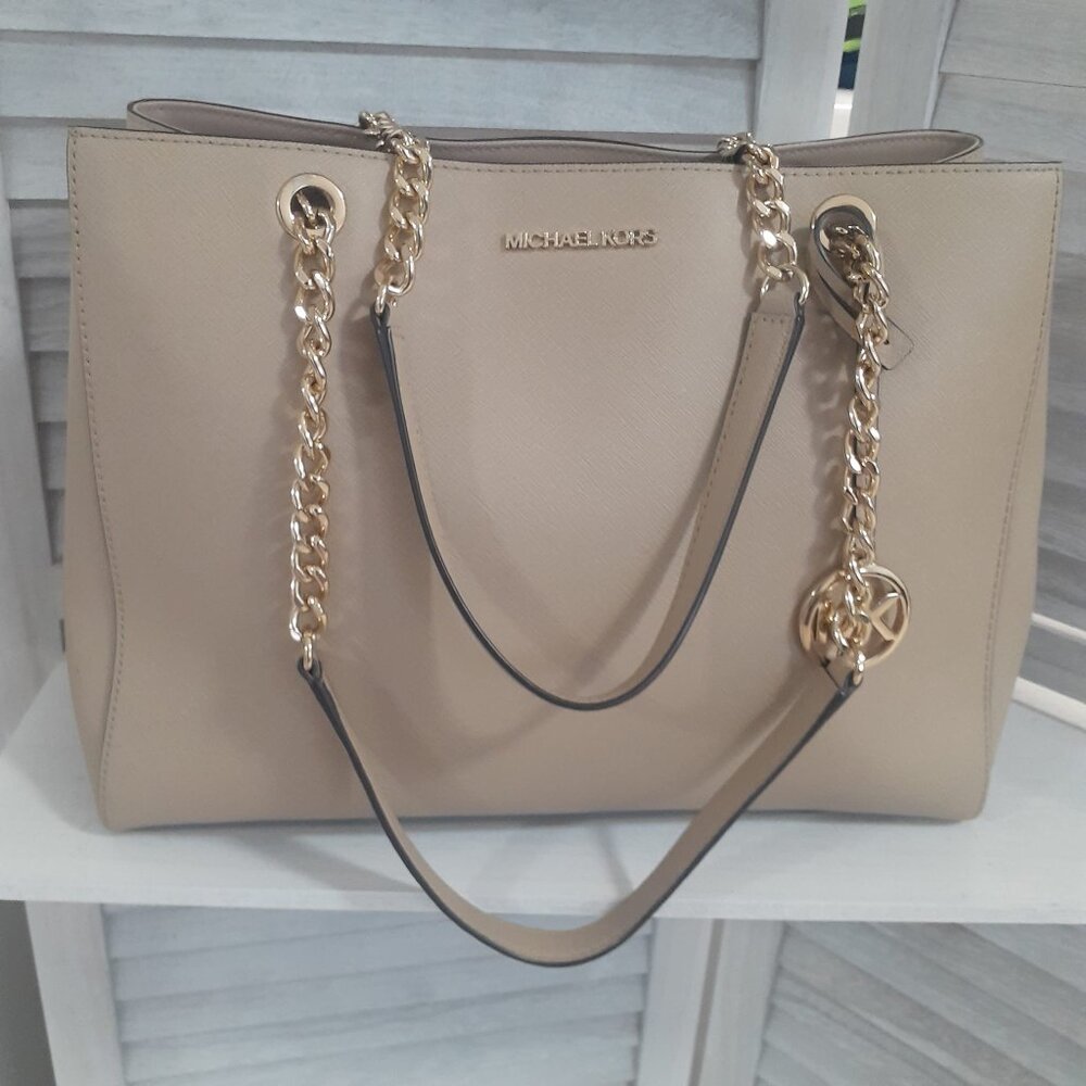 Michael Kors Beige Saffiano Leather Teagen Chain Tote Bag